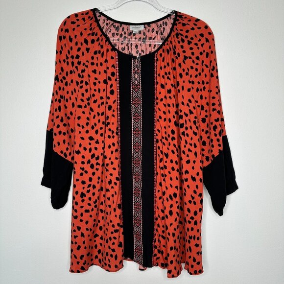Avenue Tunic Top Size 14/16 Orange Black Animal Print Embroidered Fall - Picture 1 of 13